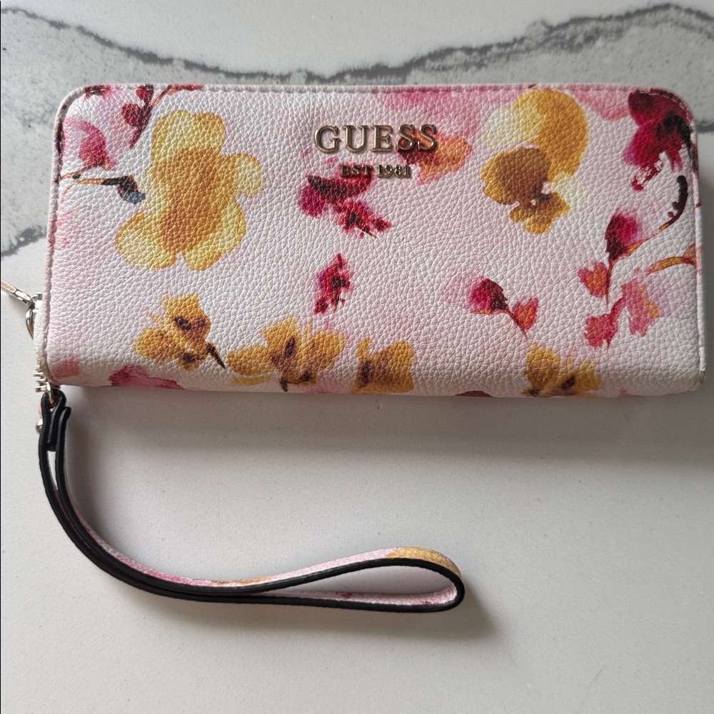 Guess Floral Wristlet in Pink and Yellow